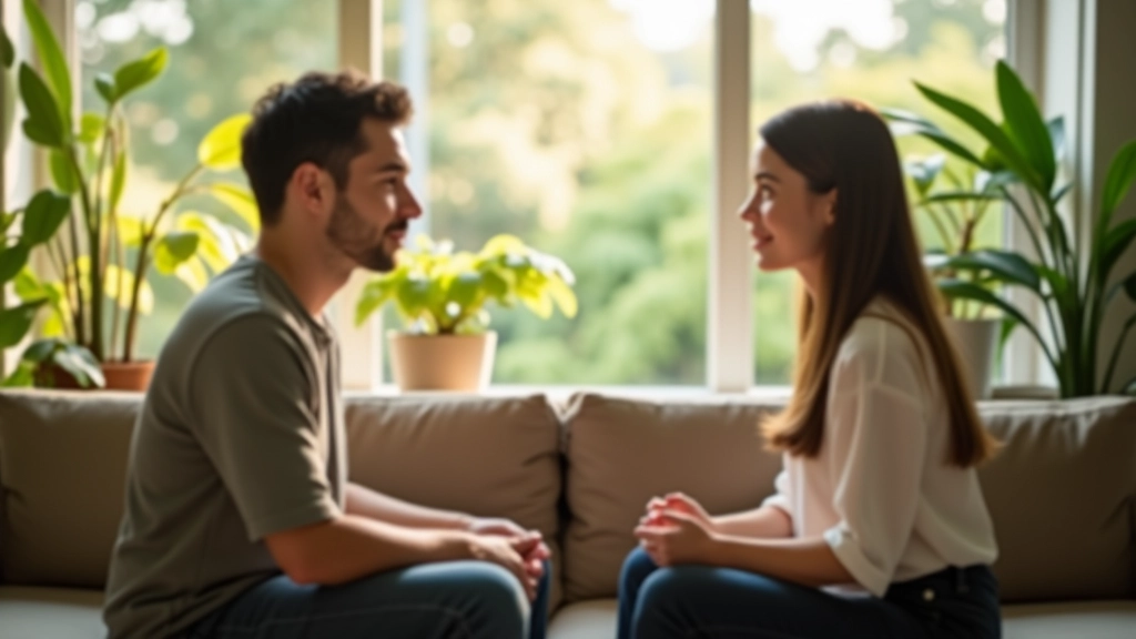 Two people having a calm conversation in modern interior with plants
