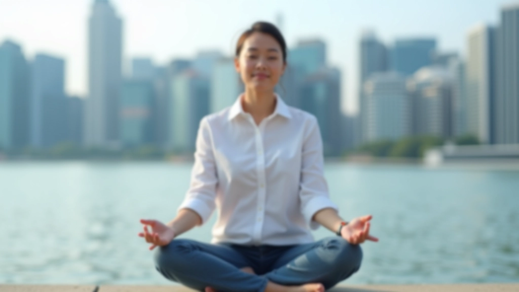 Person practicing mindfulness meditation by Marina Bay waterfront with city skyline